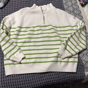 Green and white striped quarter zip women’s sweater size M